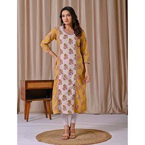 Kurti Amarillo de Algodón con Estampado Butta Block, Corte Recto, Ropa Regional - Product Image 3