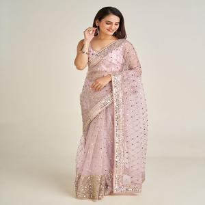 Dernier concepteur Georgette Net Sequences Work Faux Fur Saree de haute qualité Women's Party Festival avec impression en relief FabZone - Product Image 4