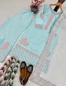 NEW DESIGNER HEAVY ROMAN <b>SILK</b> REVERSIBLE EMBROIDERED <b>KURTA</b> PALAZZO and DUPATTA SET for PARTY FANCY CASUAL ALL SEASONS - Product Image 5