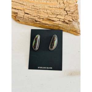 Ethnic Style Navajo Made <b>Stud</b> Earrings Black Jack Turquoise & Sterling <b>Silver</b> Post with Bezel Setting - Product Image 1