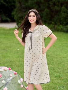 V1427 Colección de verano Vestido de maternidad de lunares de color crema Tela de sarga de LICRA transpirable suave Precio al por mayor - Product Image 3