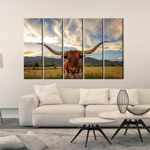 Tableau d'art de vache Longhorn fait main, décoration sur toile imprimée sur le thème de la ferme, 5P : encadré - Product Image 1