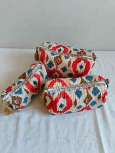 Set Of 3 Cotton <b>Quilted</b> Makeup Bag & Organizer Cotton Toiletry Case Travel Bag Ikat Print Makeup Bag Toiletries Organizer Bag - Product Image 2