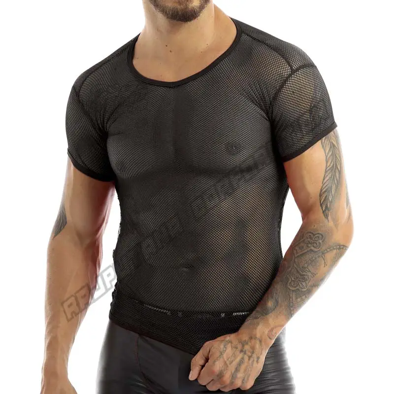 New Trendy Men Transparent Sexy T-Shirt Round Neck Short Sleeves Sport Tank Top Shirt Clubwear Sheer Mesh shirt