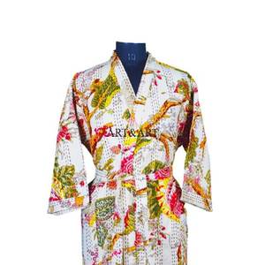 Kimono de Algodón Kantha Hecho a Mano, Elegante Diseño Floral, Estampado a Mano, Lavable, con Cinturón, Cómodo y Elegante para Primavera/Verano - Product Image 3