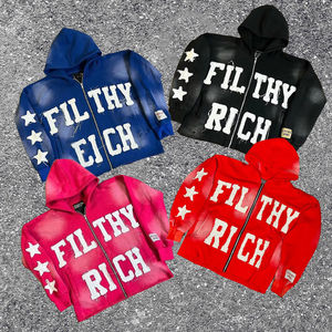 Sudadera con capucha para hombre con cremallera, lavado ácido, bordado desgastado, 100% algodón, otoño, oversize, con logo personalizado - Product Image 1