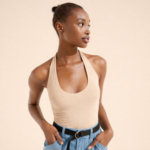 Débardeur pour femme OEM, col halter, tricot côtelé, respirant, anti-boulochage, écologique, tissu polyester/coton 150 g/m², fabriqué en Inde - Product Image 3