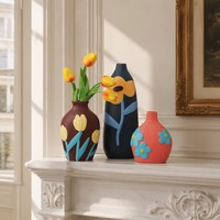 Set Vas Keramik 3D Bunga Elegan Lukisan Tangan, Tembikar Relief Floral Kreatif untuk Dekorasi Mantel, Hiasan Tengah Porselen Mewah