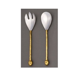 Nouvel ensemble de 2 couverts de service à salade en laiton et acier inoxydable, design classique, bicolore, collection 2 frères pour mariages et réceptions - Product Image 1