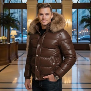 <b>Men's</b> Breathable <b>Summer</b> Casual Puffer Leather <b>Jacket</b> with Fox Fur Hood - Product Image 4