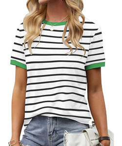 Camiseta básica 100% de algodón de manga corta con cuello a rayas para mujer, ropa informal de verano antibolitas ecológica con bordado - Product Image 1