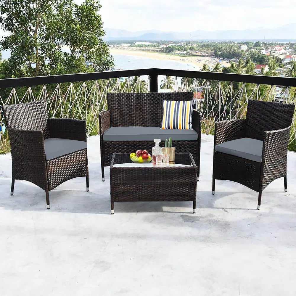 Açık PE Rattan hasır mobilya 4-Piece hasır veranda konuşma gri yastıkları ile Set