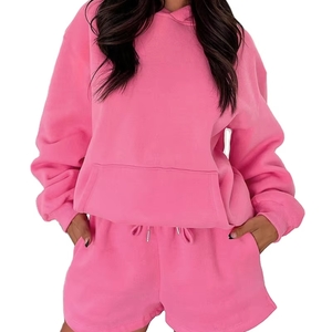 Venta al por mayor de las mujeres Sweatsuit Chándal Conjunto de dos piezas en blanco Deportes Jogger Fleece No Strings Ladies Hoodie 2 piezas Shorts Set - Product Image 2