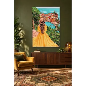 Fida Girl in Yellow Dress and Colorful Seaside Town Impression sur toile - Product Image 1