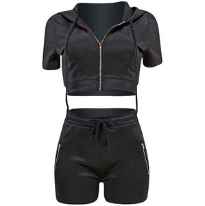 Top corto de 2 piezas con logotipo personalizado, pantalones de dos piezas, chándal para mujer, chándal multicolor, Top V con cuello en corto, pantalones cortos informales, conjunto de dos piezas - Product Image 1