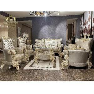 Conjunto de sofá tallado en plata y champán para sala de estar, Conjunto elegante de sofá tallado en plata, artesanía india de lujo para sala de estar - Product Image 1