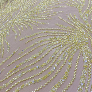 Tela de Lujo con Bordado de Cuentas Doradas, 100% Poliéster, Organza, Encaje, Tejido Transparente, Artículos en Stock, Estilo de Bordado Elegante - Product Image 1