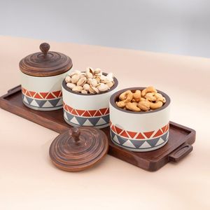 Wholesale Wooden Snack Jars with Wooden Lids and Tray for <b>Nuts</b> Chocolate Ramadan Gift Decorative Storage Set - Product Image 1