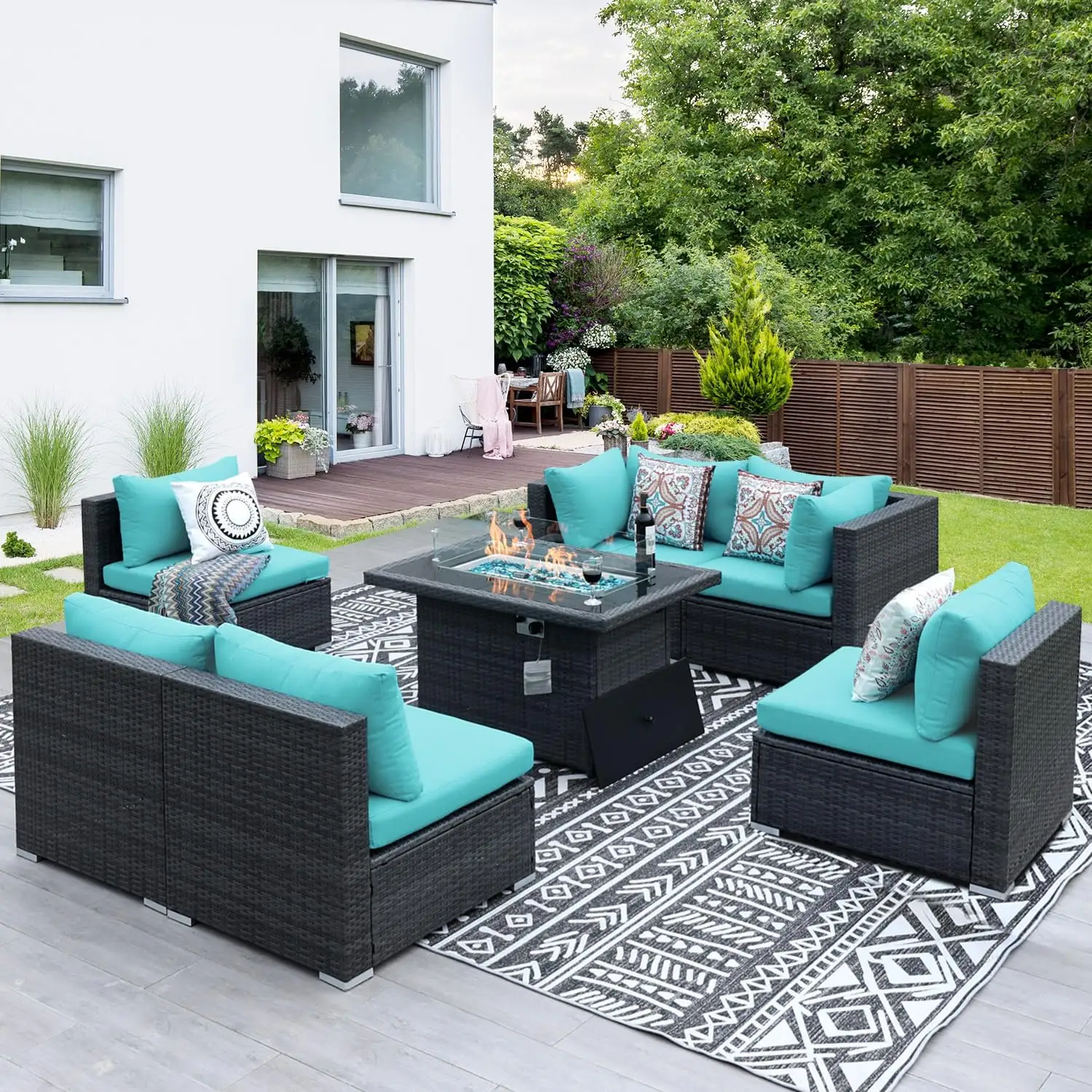 Altovis luxury outdoor seating group PE rattan modern garden furniture sofa set with fire pit table