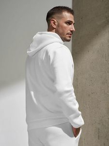 Custom 400GSM Terry Cotton Tracksuit for Men Oversized Hooded Jogger Pants Puff Printing Beige Solid Pattern Winter Casual Wear - Product Image 4