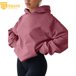Vente en gros de sweats à capuche de haute qualité, couleur unie, avec impression de logo sur mesure, 100% coton, courts pour femmes - Product Image 6