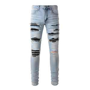 Jeans en denim pour homme, coupe slim, droite, taille mi-haute, déchirés, usés, style streetwear, respirant, été, 100% coton - Product Image 1