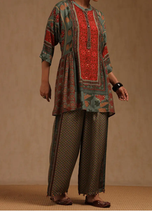 Elegante ajuste holgado verde y rojo impreso mujeres Kurta Palazzo conjunto indio y paquistaní ropa mujeres vestido étnico Casual - Product Image 2