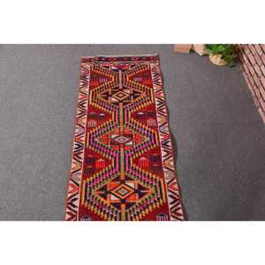 Vintage Turkish Herki <b>Red</b> <b>Wool</b> Rug Patchwork Design Eco-Friendly Latex Backing 2.1x11.3 ft (65x343 Cm) - Product Image 4