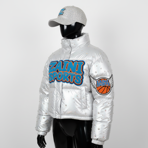 Chaqueta acolchada plateada brillante para mujer, tela de poliéster de alta densidad, bordado de logotipo de chenilla personalizado, chaqueta acolchada de Invierno para mujer - Product Image 4