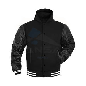 Varsity Letterman Jacket Genuine Leather Sleeves Warm <b>Wool</b> Blend Body Comfort Ribbed Collar and Cuffs Black <b>White</b> Line - Product Image 1