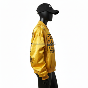 Chaqueta de Satén Premium para Mujer, Chaqueta Bomber de Tela Amarilla Brillante con Paneles Acanalados y Logotipo Bordado Personalizado, Chaquetas de Satén para Mujer - Product Image 3