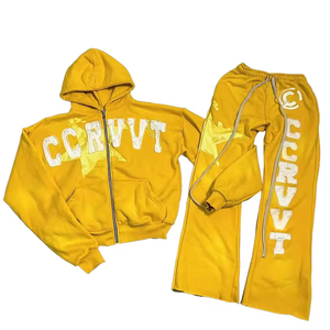 Ensemble survêtement homme personnalisé imprimé, à capuche, fermeture éclair intégrale, pantalon évasé, pantalon de survêtement, ensemble sweat-shirt, vente en gros - Product Image 6