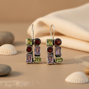 925 Silver Hypoallergenic Vintage Dangle Multi-Gemstone with Peridot and Garnet Women's Earrings Featuring Drop Flower Shape - Product Image 1