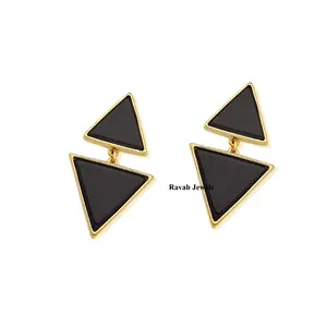 Black Onyx Gemstone Mulheres Jóias Mulheres Jóias De Prata Triângulo 12mm Banhado A Ouro Fornecedor 925 Sterling Silver Dangle Earring