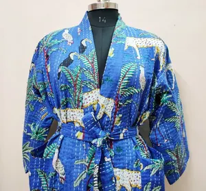 Jaket Kantha jubah Kantha cetak hutan jaket motif Safari buatan tangan jaket musim dingin jubah kantha gaya Jepang mantel sabuk ikat boho