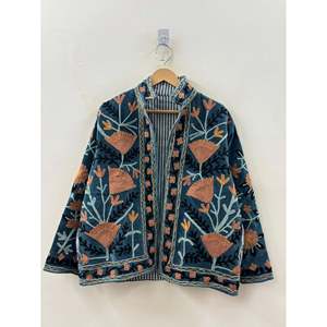 Autumn the Poppy Garden Hand-Embroidered Velvet <b>Jacket</b> Indigo Teal Suzani Style - Product Image 4