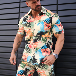 Vente en gros Ensemble 2 pièces vêtements pour hommes Chemise habillée Chemises à fleurs hawaïennes avec logo personnalisé Ensemble de t-shirts pour la plage boutonné - Product Image 3