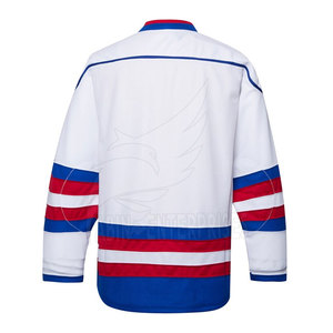 เสื้อฮอกกี้น้ำแข็งสีขาวสำหรับผู้ชาย รุ่นปี 2026 พร้อมลายเส้นสีแดงน้ำเงิน ปักโลโก้ แขนยาว คอวี ระบายเหงื่อได้ดี ทรงปกติ - Product Image 2