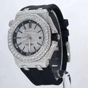 Montre en acier inoxydable de haute qualité avec cadran analogique en caoutchouc, diamant moissanite, élégante, demi-sertie, verre de qualité supérieure, noir, 20 mm - Product Image 3