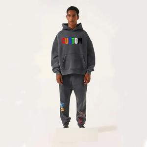 Chándal personalizado con capucha lavado ácido y pantalones de chándal conjunto 100% algodón pesado parche desgastado bordado chándal para hombres - Product Image 3