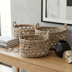 Ensemble de paniers de rangement modernes en jonc de mer naturel, écologiques, avec poignée en treillis ouvert, plateau de table pour plantes, décoration artistique pure pour la pièce - Product Image 6
