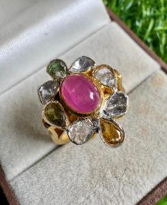 แหวนค็อกเทลเงินแท้ 925 ประดับเพชรโพลกี้และพลอยทัวร์มาลีนหลายเม็ด ชุบทอง - Product Image 6