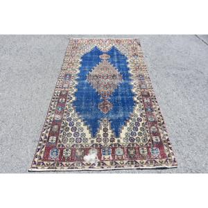 Alfombra de 3.8x7.4 pies, Alfombra Turca Vintage, Alfombra con Estampado Animal Azul - Product Image 1