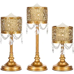 餐具皇家烛台支架金水晶套装3金属烛台，配有优质家居和婚礼装饰