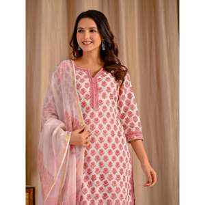 ชุดคุर्ตาผ้าฝ้ายพิมพ์ลายบัตต้าสีขาวชมพูแบบลำลอง แขนสามส่วน สำหรับฤดูใบไม้ผลิ/ฤดูร้อน - Product Image 1