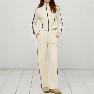 Deux pièces de haute qualité femmes fermeture éclair survêtements col montant Logo personnalisé femmes mode sweat à capuche Streetwear ensembles - Product Image 1
