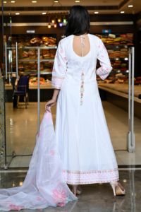 Latest Designer Pure Cotton Floral Printed V-neck <b>Three</b> Quarter Sleeves Embroidered Women's Long Anarkali Kurti Gown Dupatta - Product Image 2