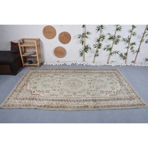 Tapis turc Vintage classique Beige 5.3x8.8 pieds Patchwork motif Rectangle pour salon chambre laine Polyester matériel Latex - Product Image 1