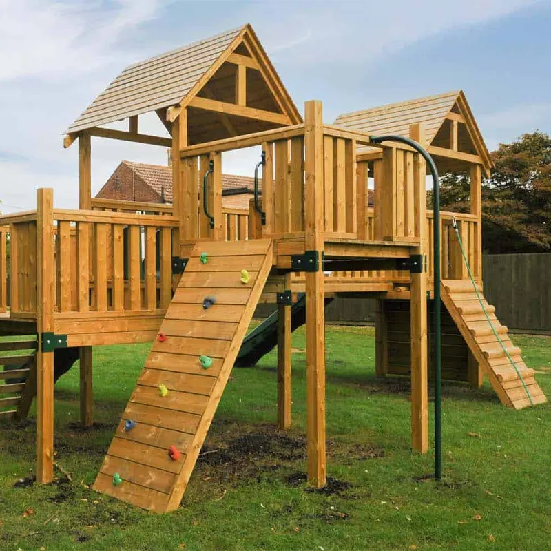 Wooden Climbing Frame Swing Set with Plastic Slide Outdoor Playground Equipment