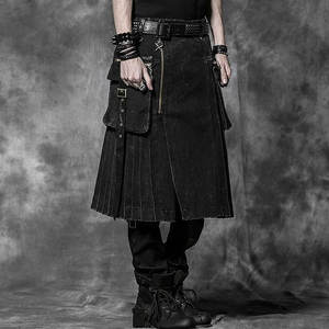 Kilt utilitaire ELITE de style punk pour homme en denim, détails en simili cuir, fermeture éclair métallique, jupe plissée rock - Product Image 1